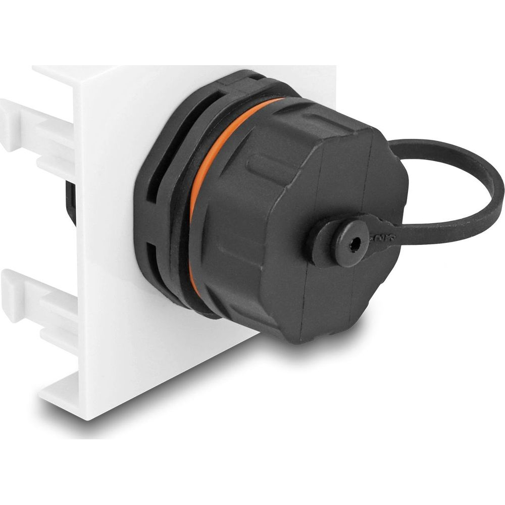 Connecteur noir avec anneau orange fixé sur un boîtier blanc.