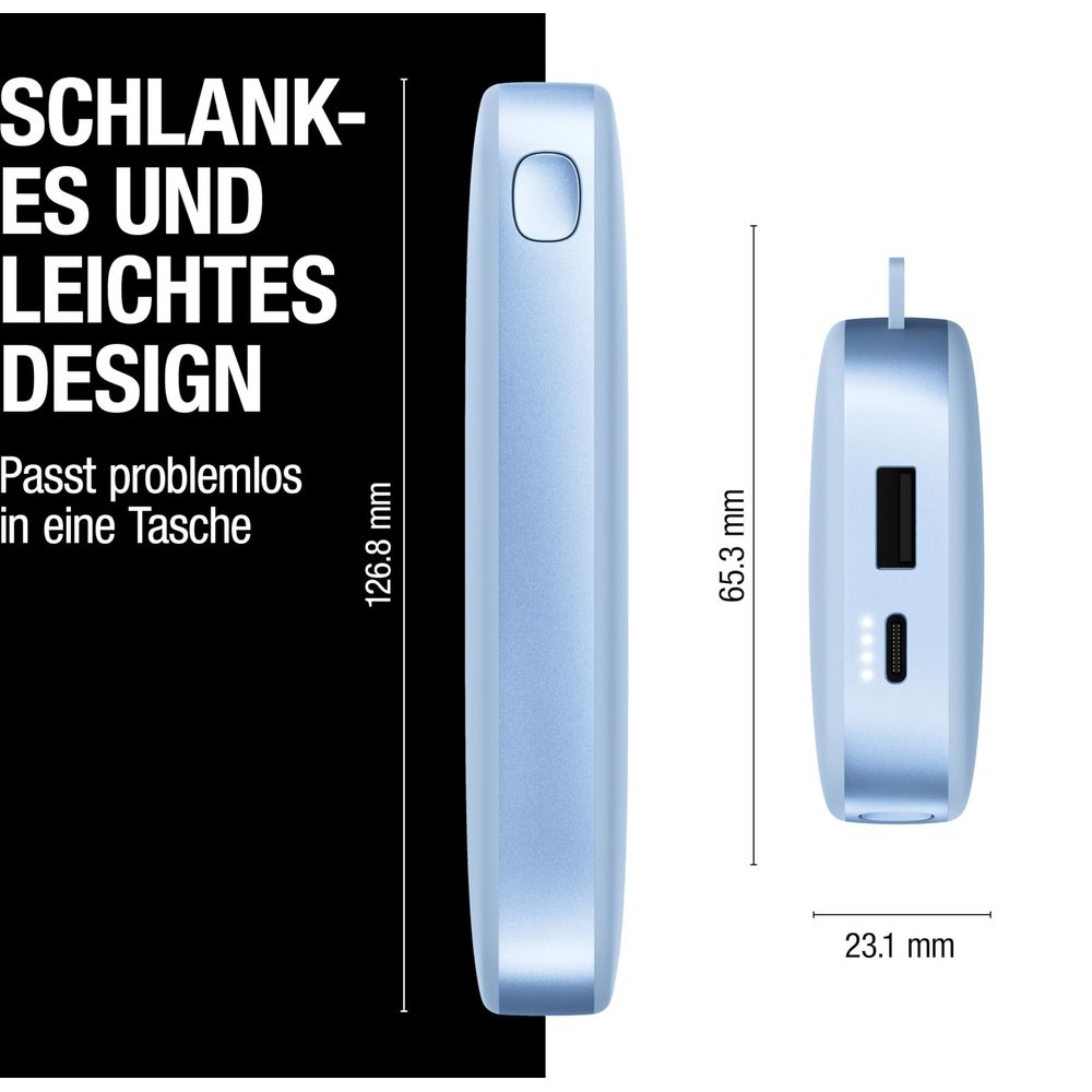 Power bank blu con porte e dimensioni. Design sottile.