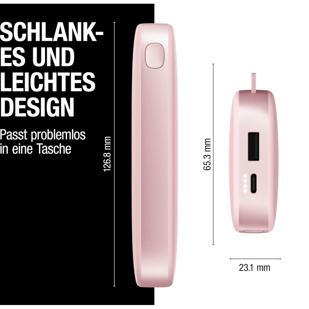 Due power bank rosa con dimensioni. Design sottile.