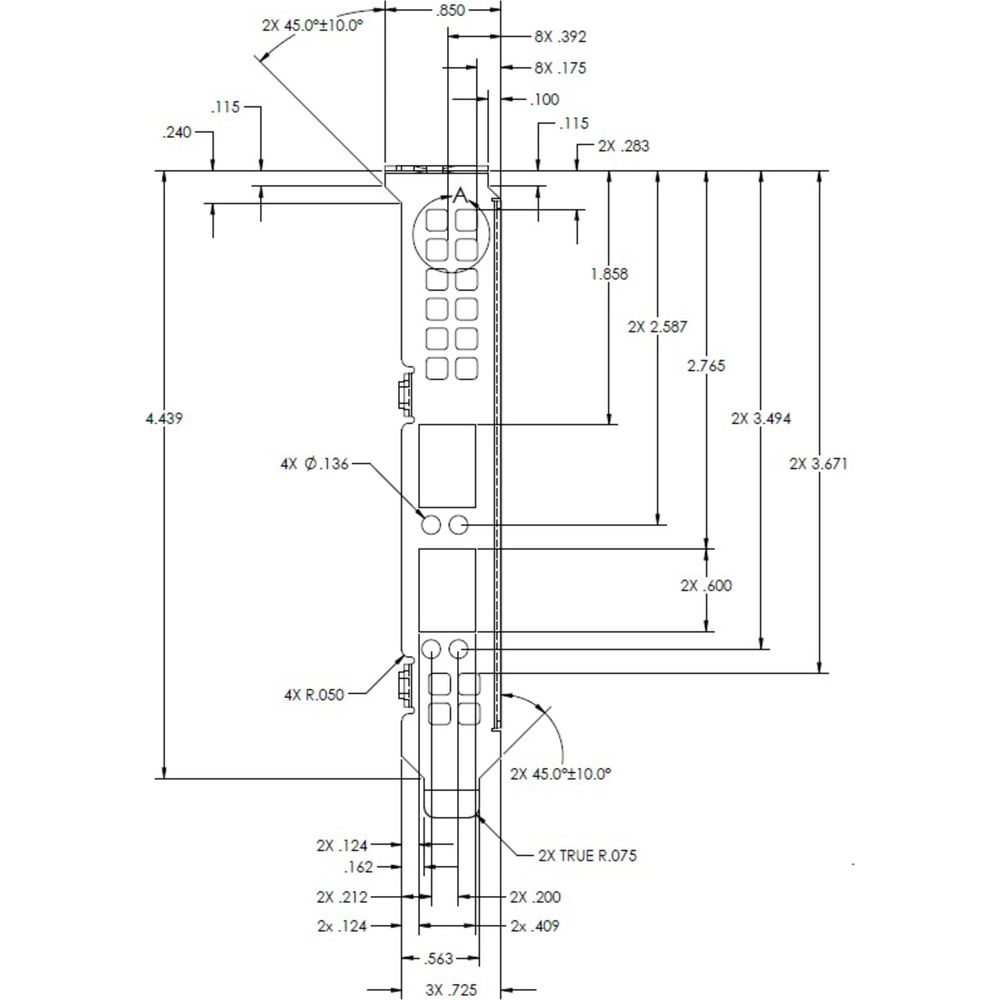 Rysunek techniczny z wymiarami i otworami, orientacja pionowa.