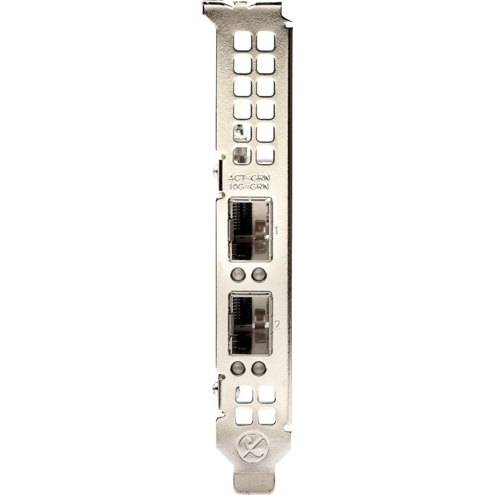 Srebrny adapter sieciowy z dwoma portami RJ45 i czterema małymi otworami na górze.