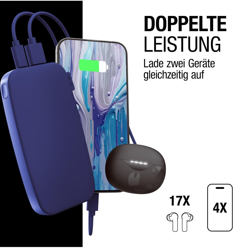 Power bank blu carica smartphone e auricolari. Doppia potenza.