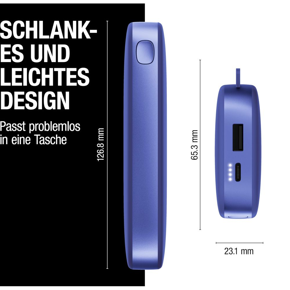Design sottile e leggero di power bank con dimensioni e indicatore di carica.