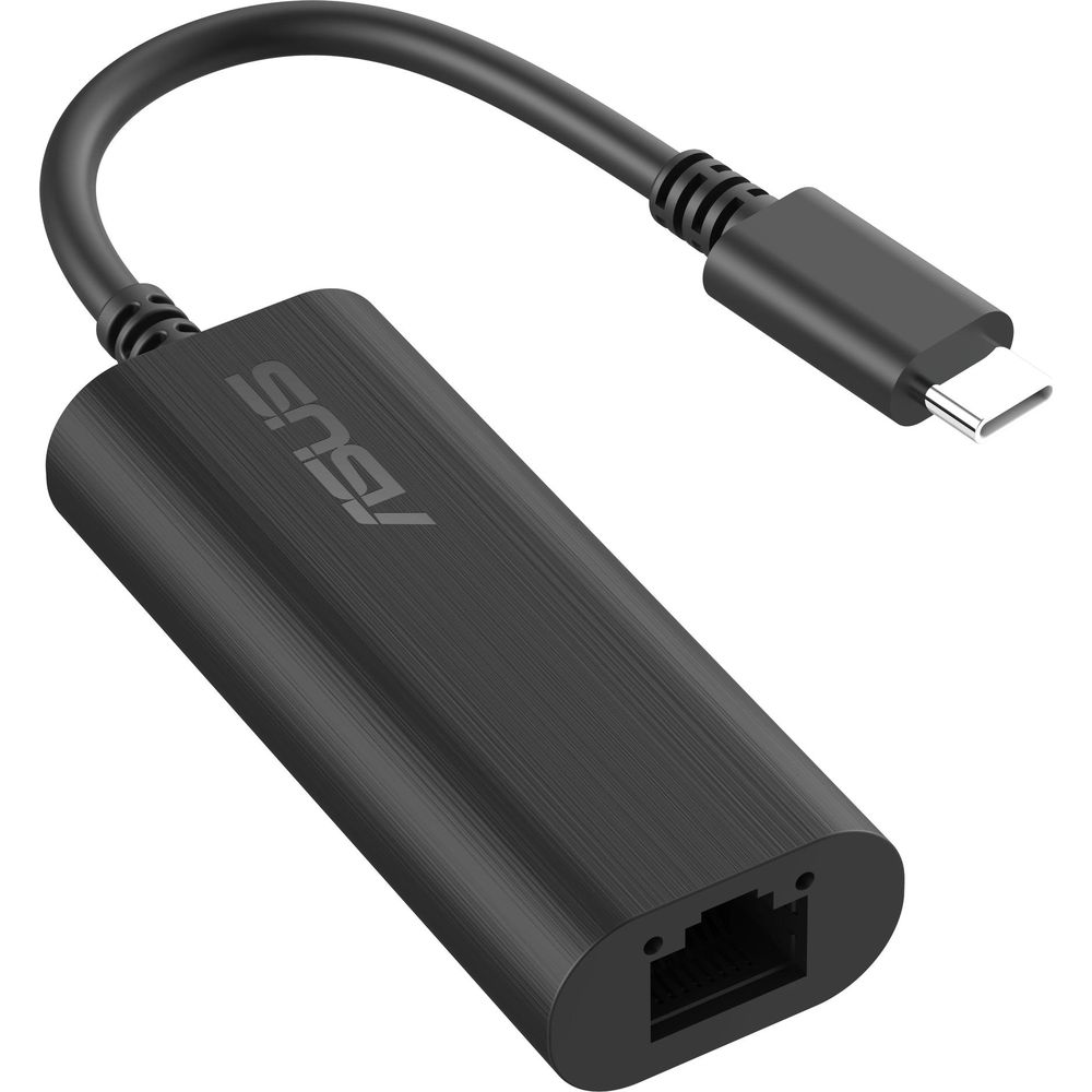 Schwarzer ASUS USB-C zu Ethernet Adapter mit Kabel und USB-C Stecker.