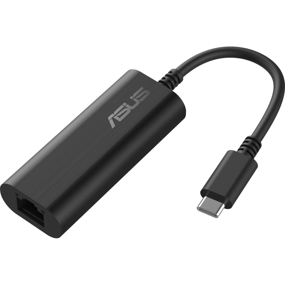 Schwarzer USB-C-zu-Ethernet-Adapter von Asus mit einem Kabel und Stecker.