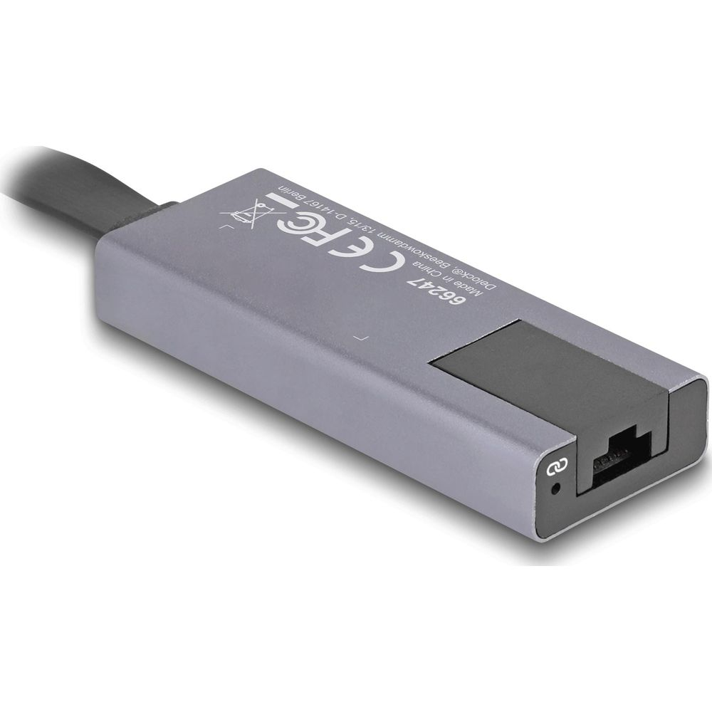 Szary adapter sieciowy z kablem i portem RJ45. Widoczne oznaczenia.
