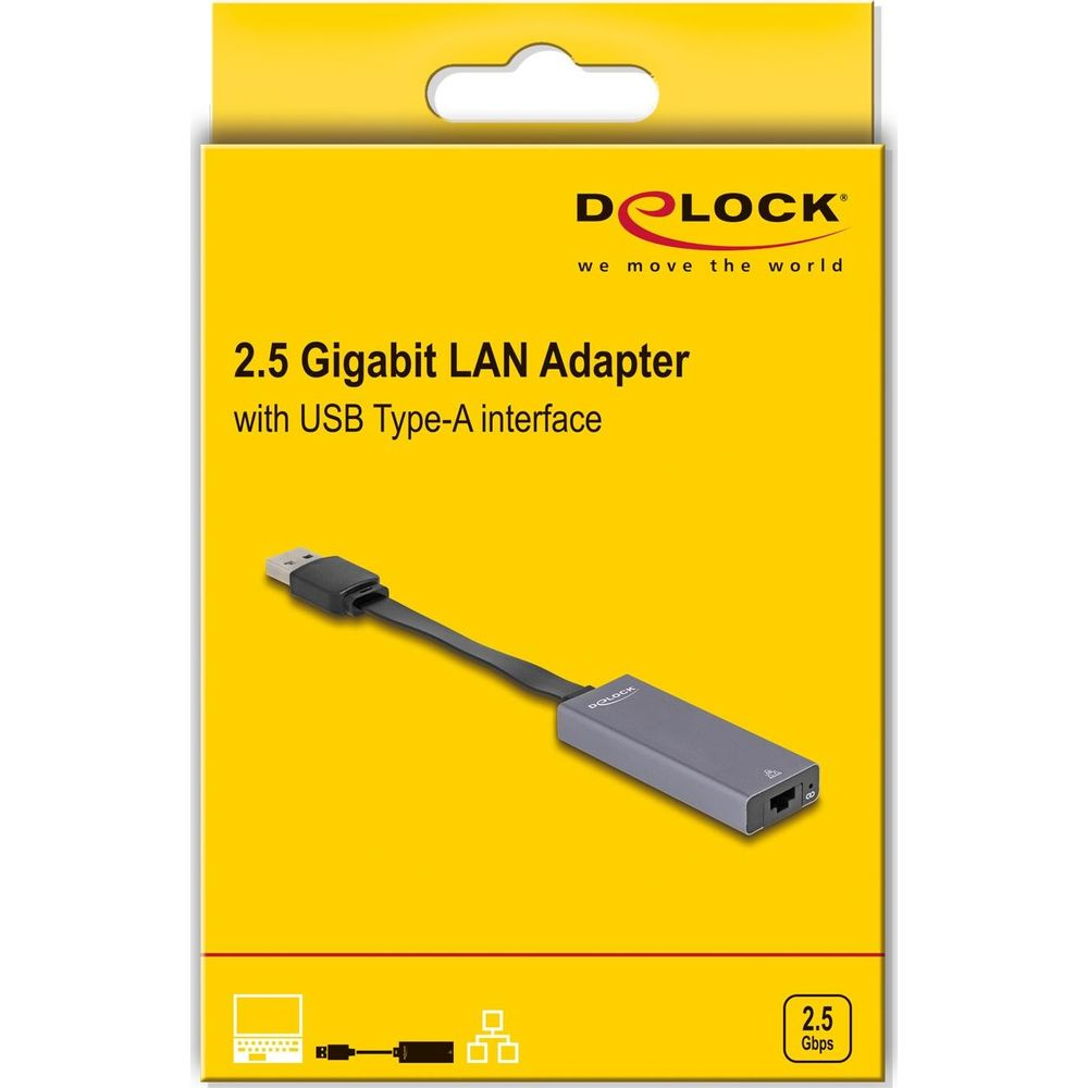 Adapter LAN Delock 2,5 Gb z interfejsem USB typu A na żółtym opakowaniu.