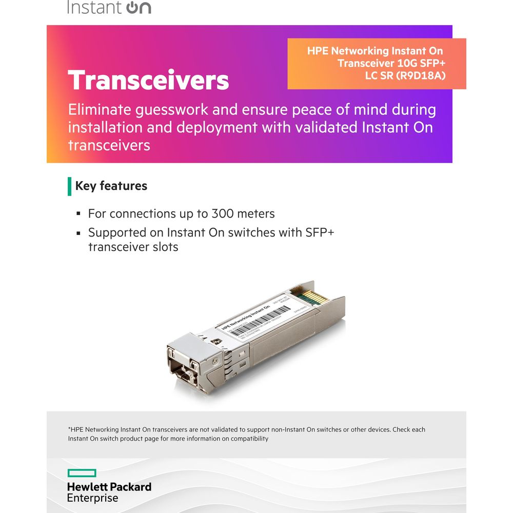 Ein silberner SFP+ Transceiver mit HPE-Logo und Beschriftung.