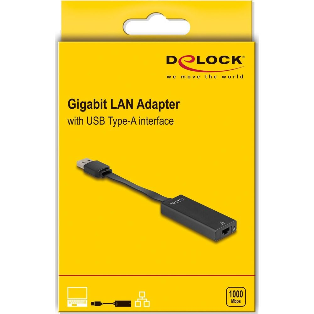 Un adattatore LAN Gigabit nero con connettore USB-A su confezione gialla.