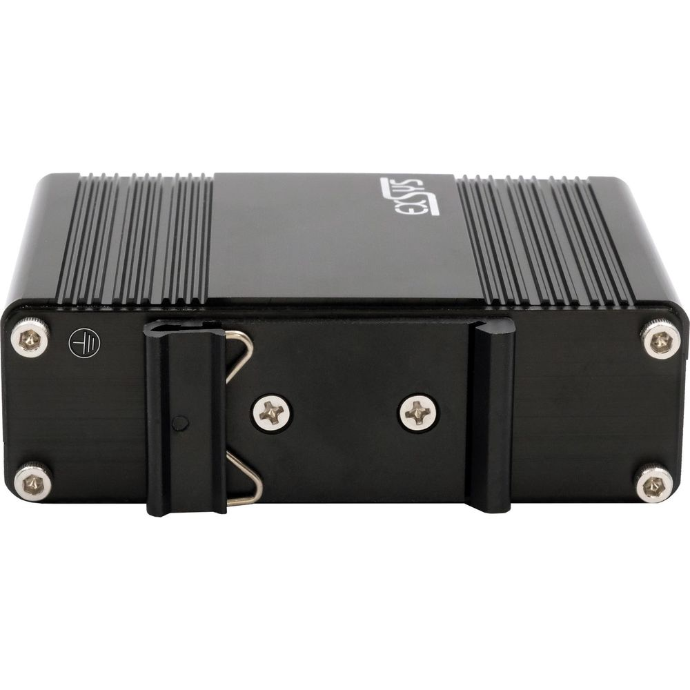 Czarny metalowy sprzęt elektroniczny z prążkowanym blatem, śrubami po bokach i klipsem.