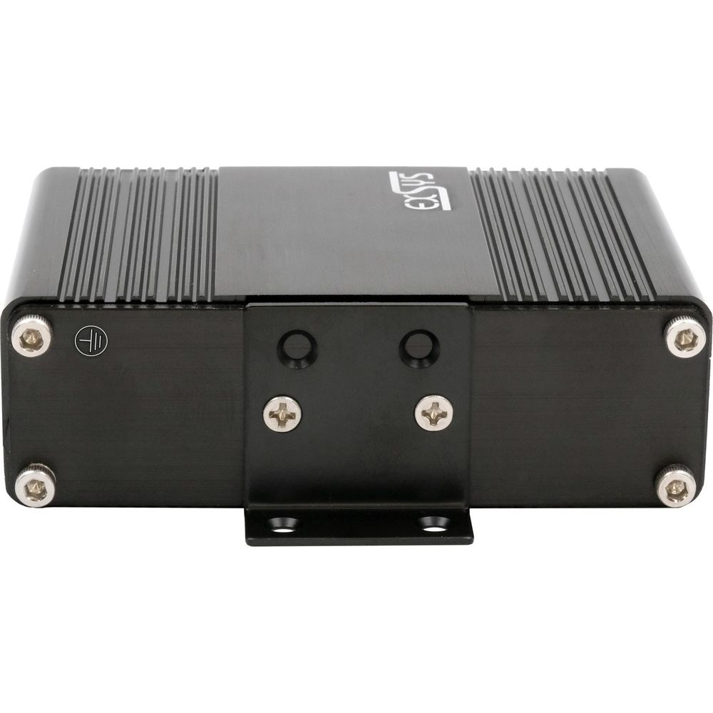 Czarne urządzenie elektroniczne z prążkowanym wierzchem, wspornikiem montażowym i śrubami. Widoczne logo.