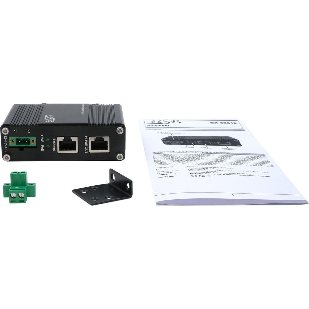 Czarny sprzęt sieciowy z portami, instrukcją i uchwytem montażowym.