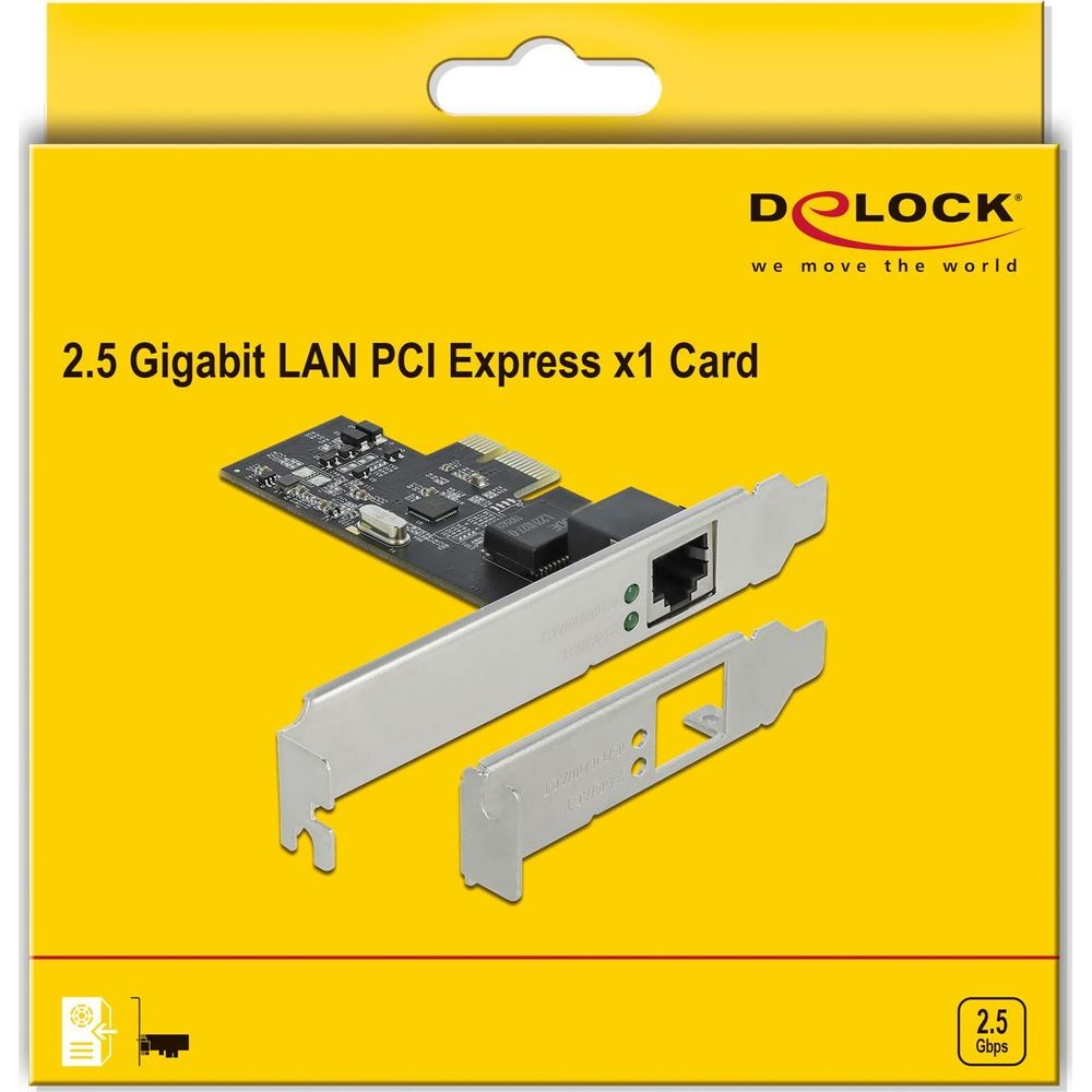 Scheda DeLOCK 2.5 Gigabit LAN PCI Express x1 con accessori su sfondo giallo.