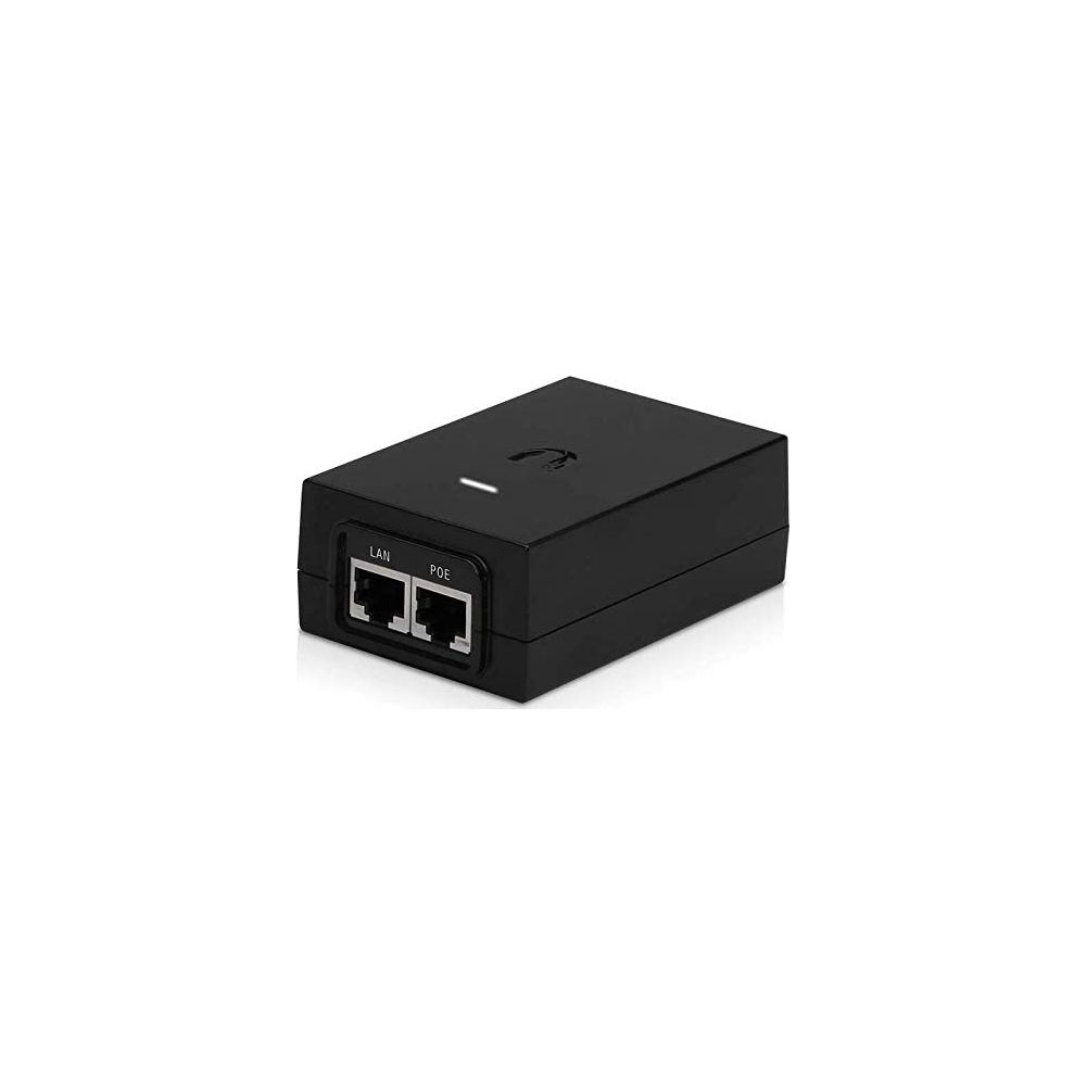 Iniettore PoE nero con porte LAN e POE, su sfondo bianco.