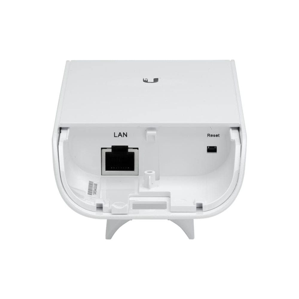 Un dispositivo di rete bianco con porta LAN e pulsante di reset.