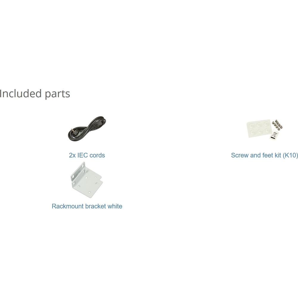 Dołączone części: 2 kable IEC, biały uchwyt do montażu w szafie, zestaw śrub i stopek.