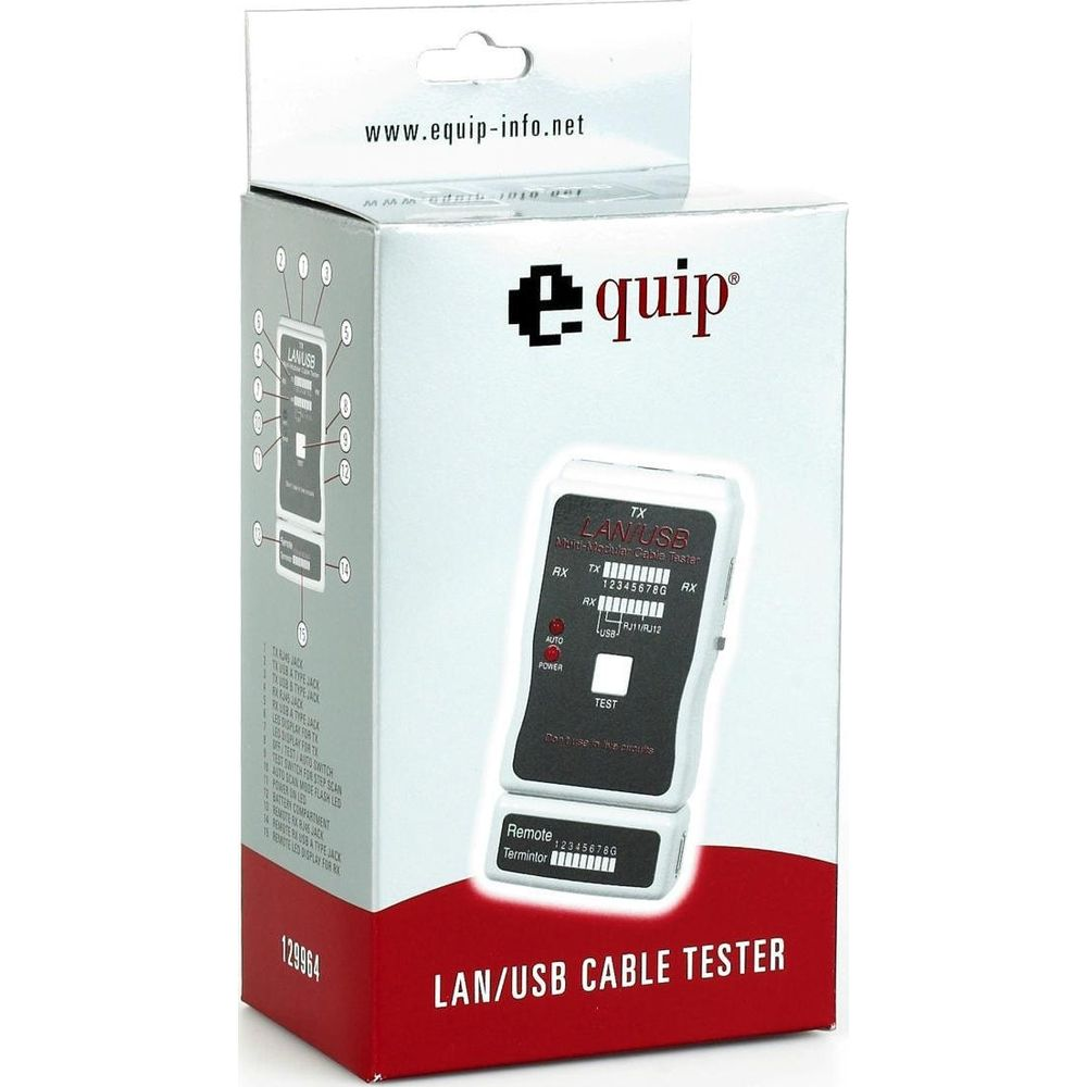 Pudełko testera kabli LAN/USB z portami i diodami LED.