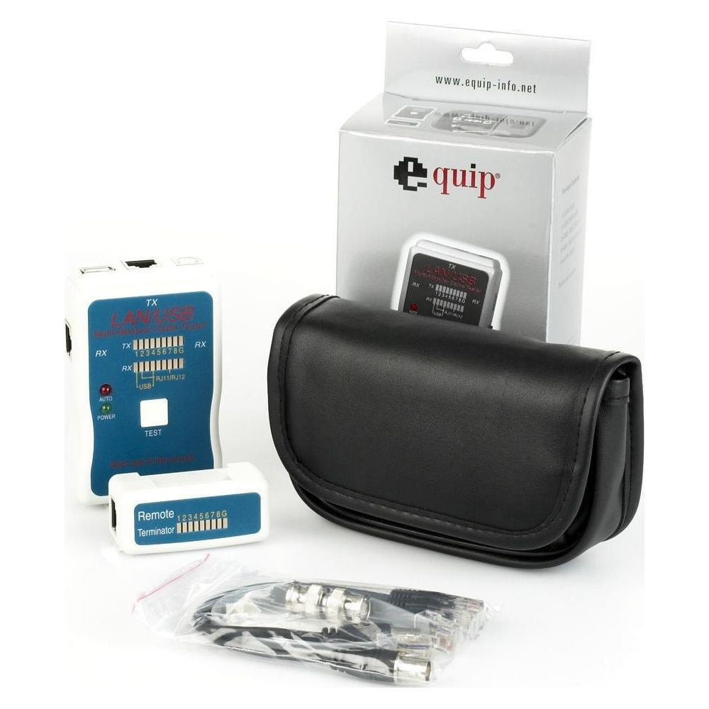 Tester kabli sieciowych z pilotem, etui i kablami.