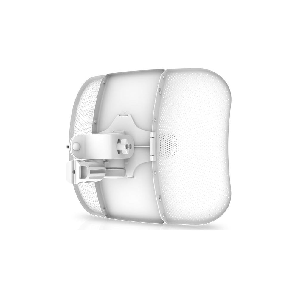 Router di rete bianco a matrice di punti con staffa, su sfondo bianco.