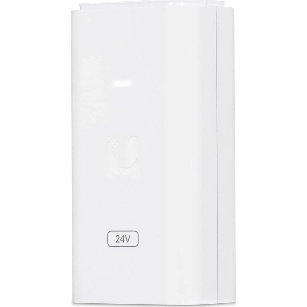 Białe urządzenie 24V z zaokrąglonymi krawędziami i logo.