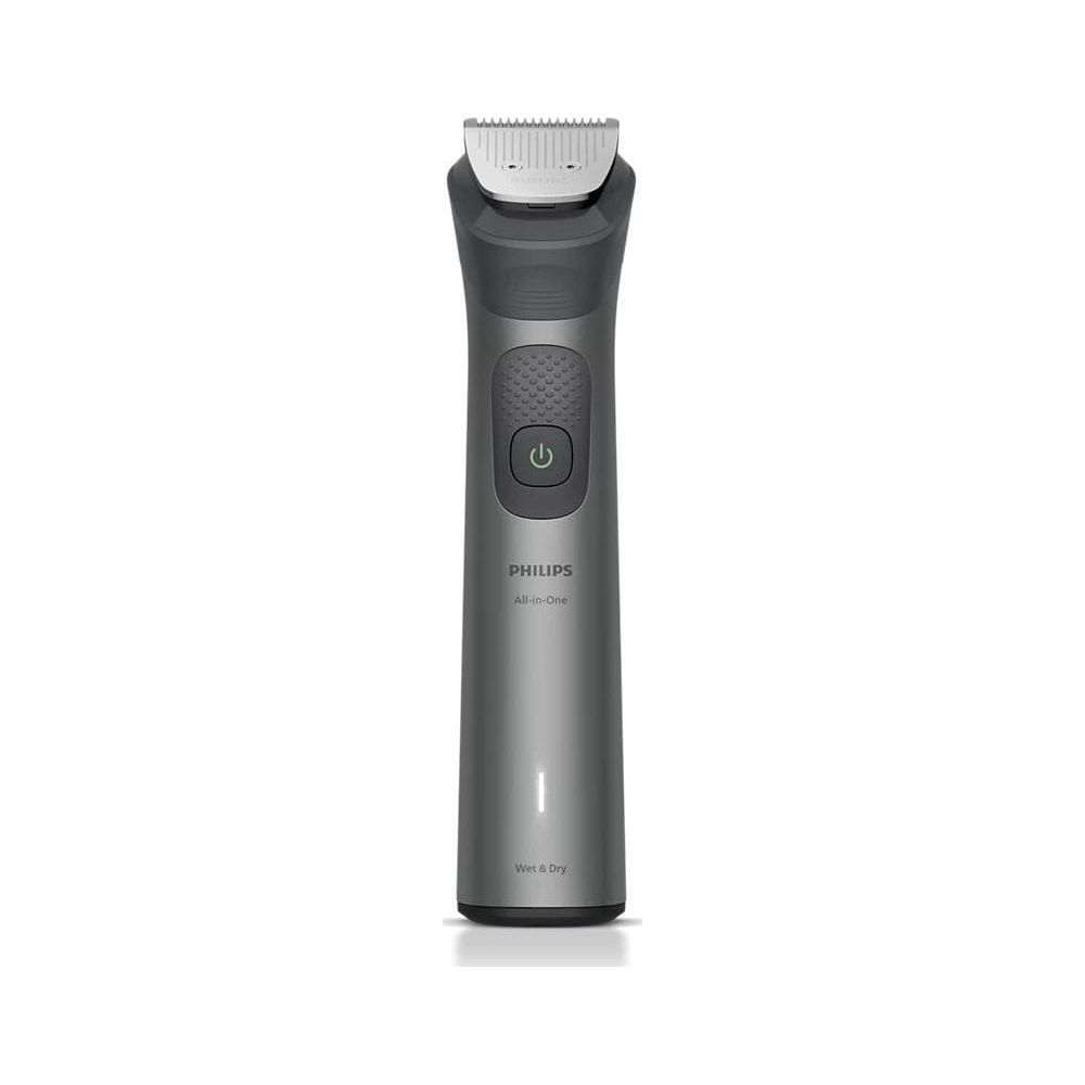 Un rifinitore Philips All-in-One grigio con testina argentata. Si vede un pulsante di accensione.