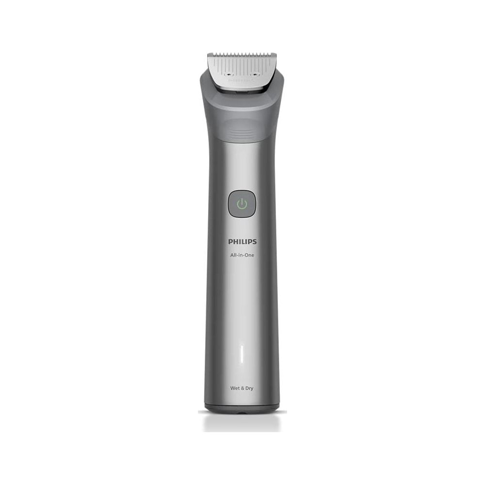 Ein silberner Philips All-in-One Trimmer mit Ein-/Aus-Taste und Anzeige für Nass-/Trockengebrauch.