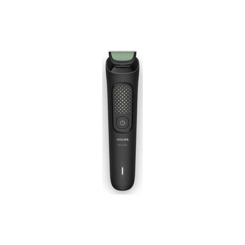 Schwarzer Philips Trimmer mit grünem Aufsatz und Power-Knopf.