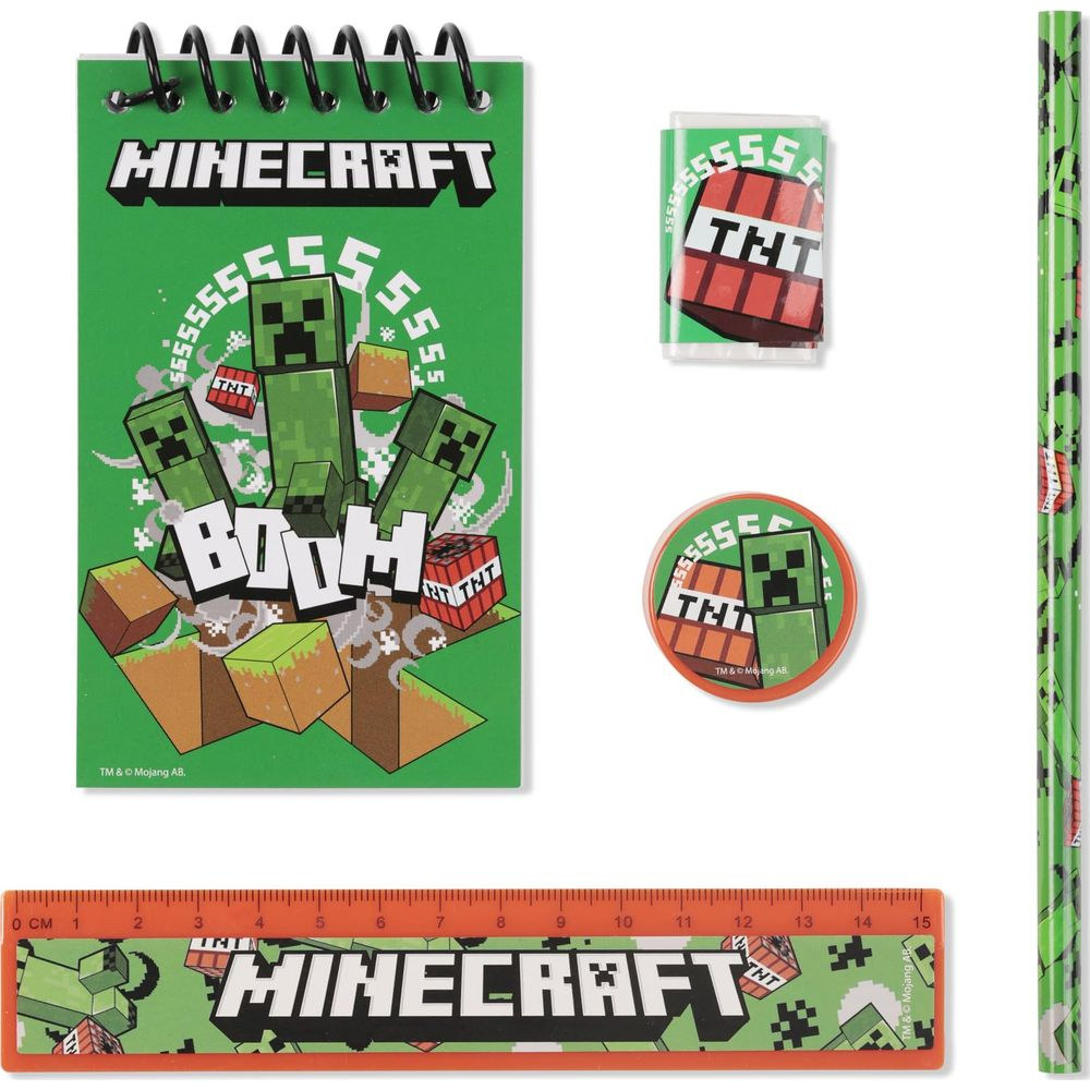 Minecraft-Schreibwaren: Notizbuch, Radiergummi, Aufkleber und Lineal.