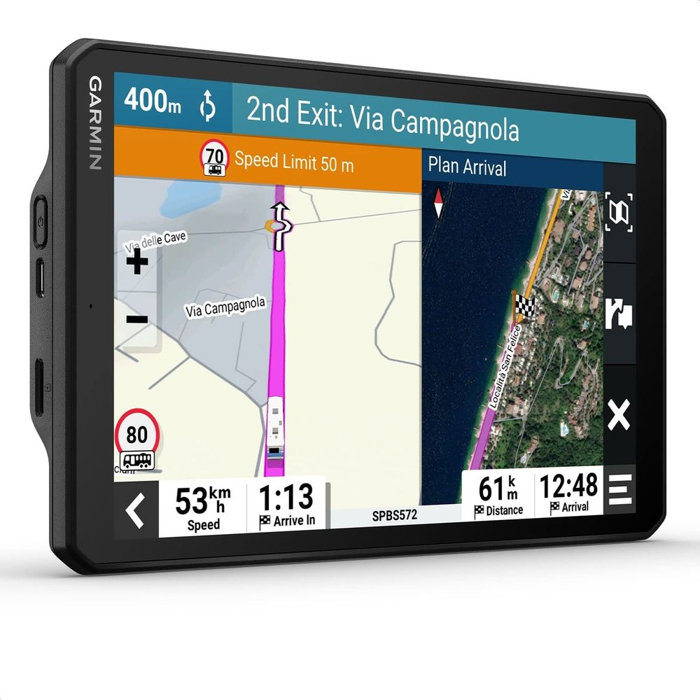 Garmin Navigationsgerät zeigt eine Route mit Geschwindigkeitsbegrenzung 70 an.