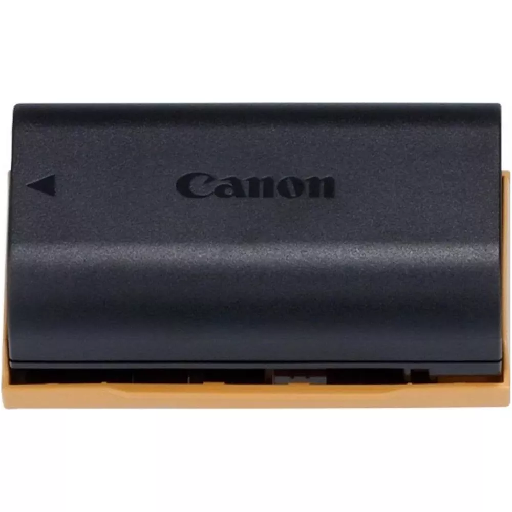 Batería Canon negra con base marrón.