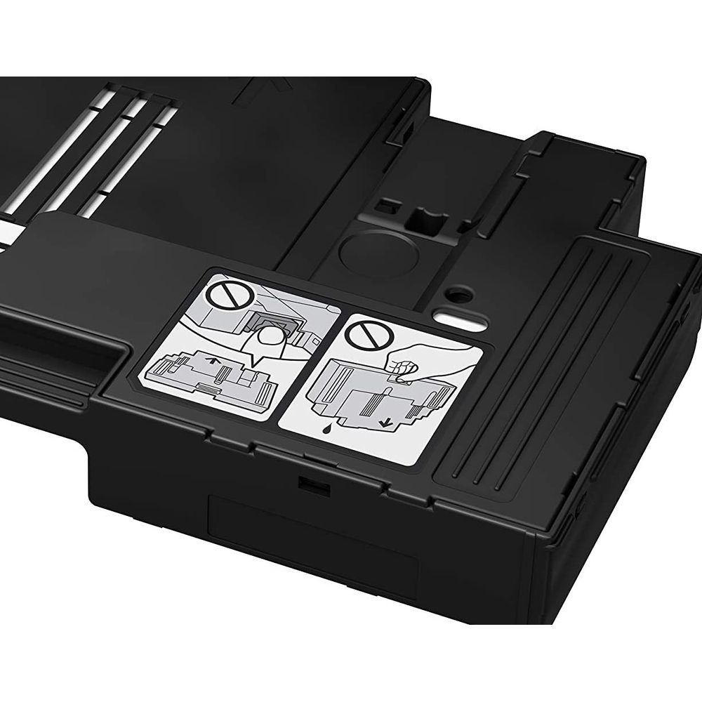 Czarny osprzęt drukarki z dwiema naklejkami pokazującymi instrukcje.