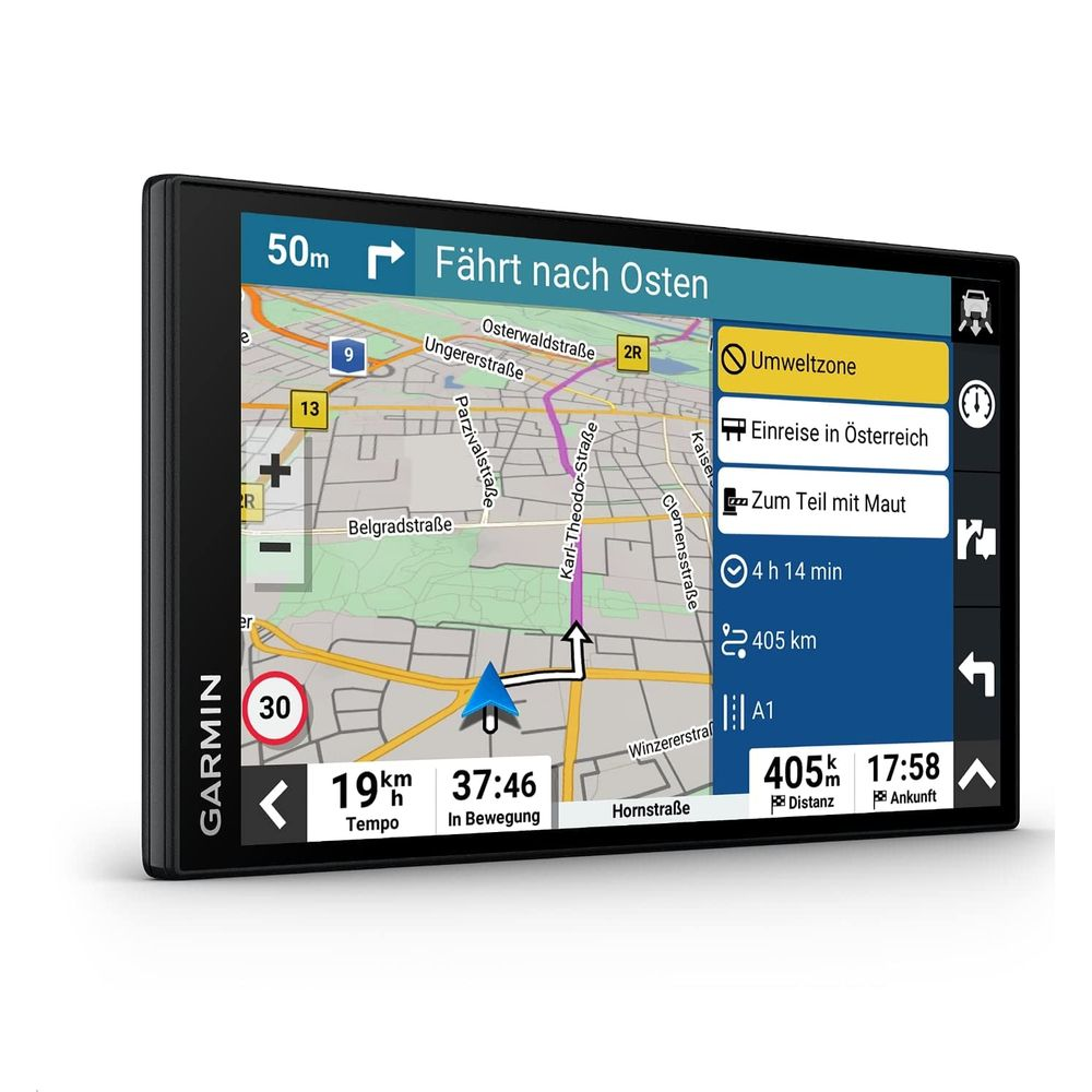 Urządzenie nawigacyjne Garmin pokazujące mapę z nawigacją, info o ruchu i czasie.