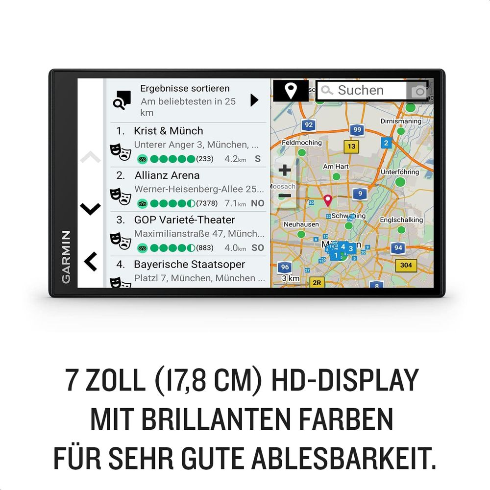 Urządzenie nawigacyjne Garmin pokazujące listę miejsc w Monachium i mapę.