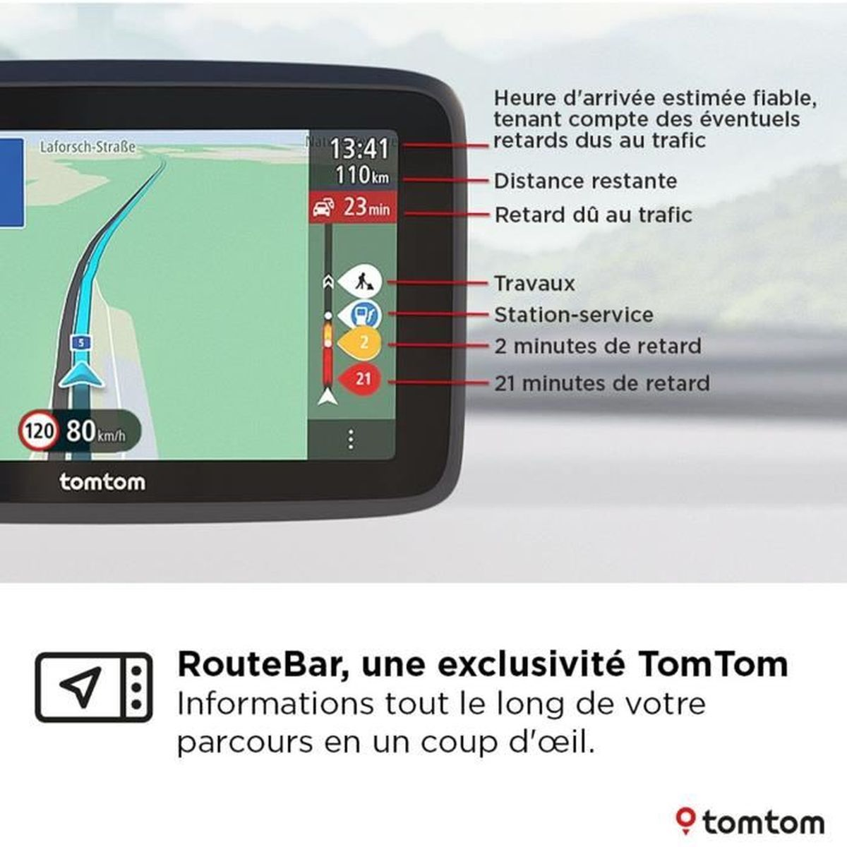 GPS TomTom mostra percorso, velocità e informazioni sul traffico con orario stimato.