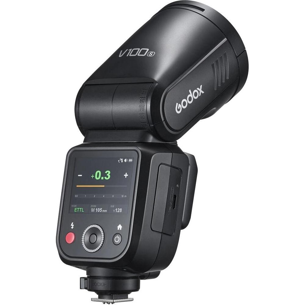 Schwarzer Godox V100s Blitz mit LCD-Display und Bedienelementen.