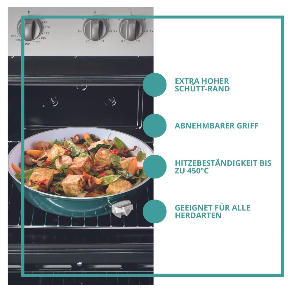 Ofen mit Pfanne voller gebratenem Gemüse und Tofu. Merkmale: hoher Rand, abnehmbarer Griff.