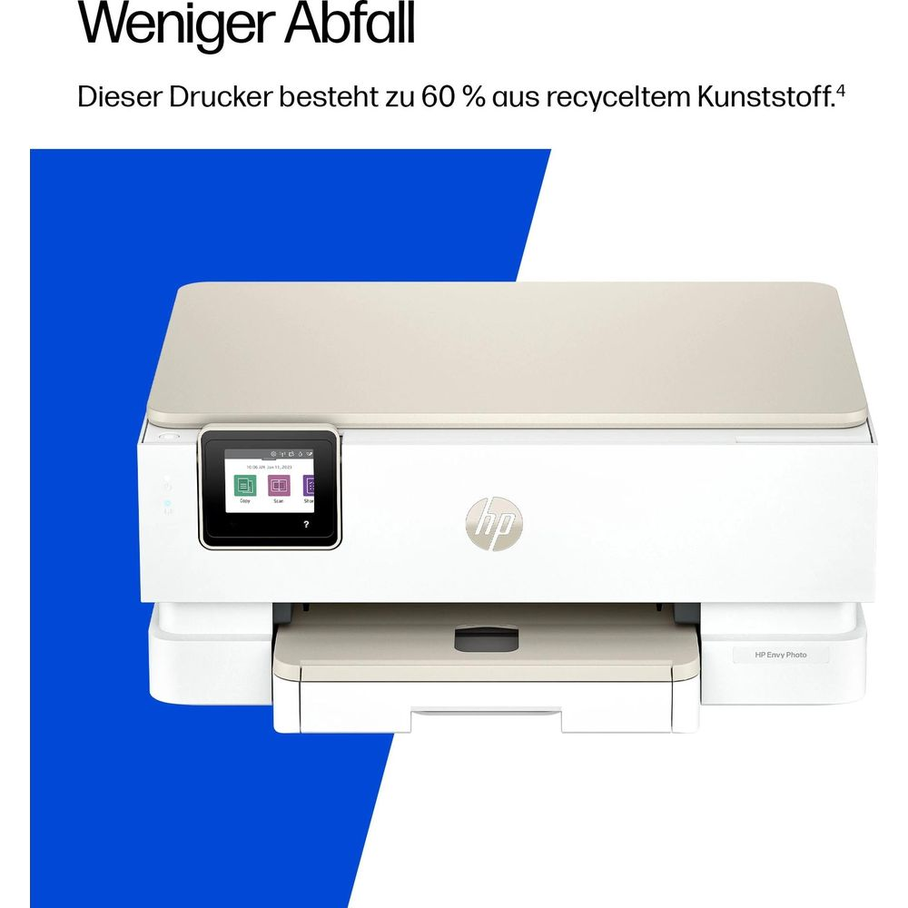 Ein weißer HP Drucker mit Touchscreen und dem HP Logo.