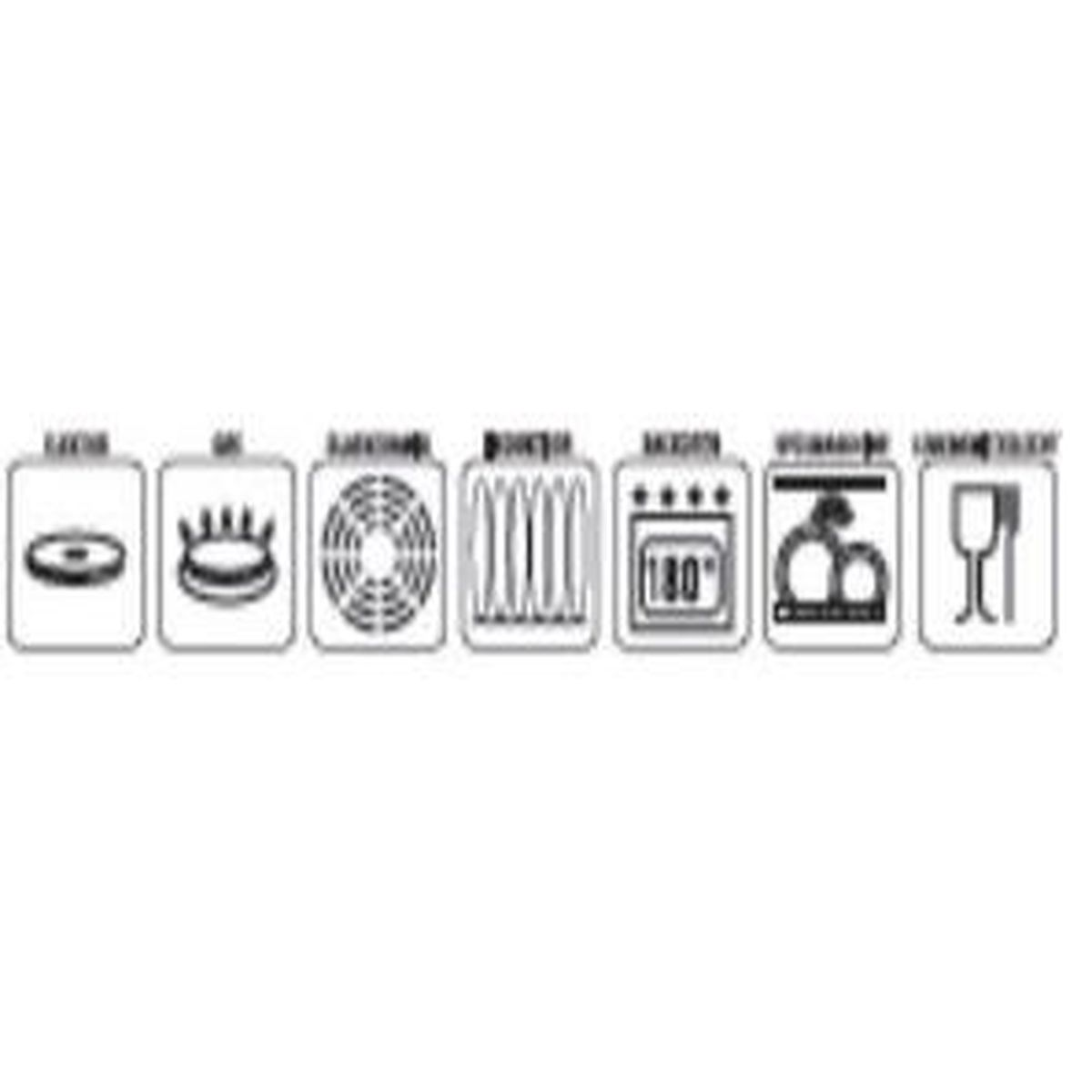 Symbole für Elektro-, Gas-, Lüfter-, Ober-/Unterhitze-, 180°C-Ofen- und Glasgebrauch.