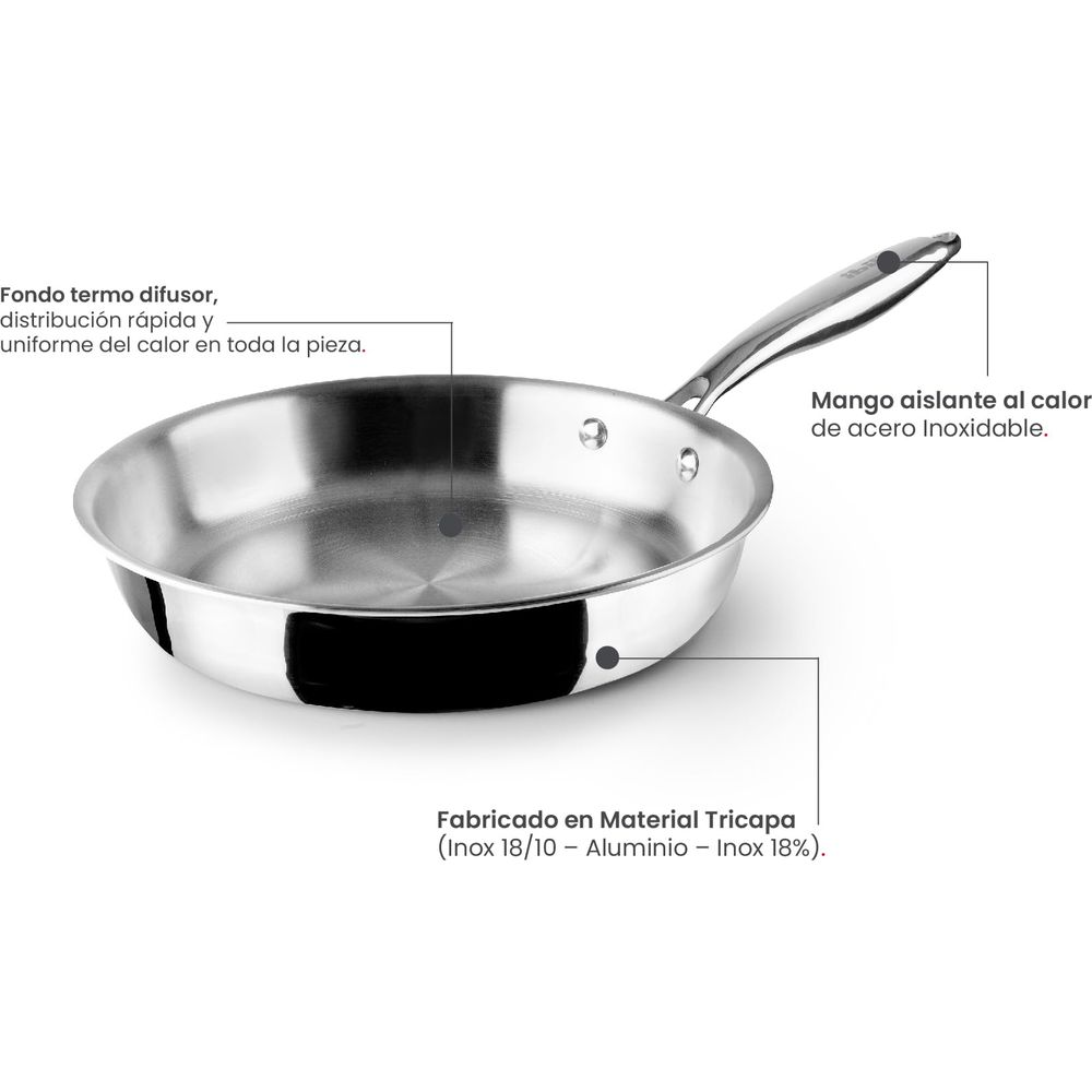 Patelnia ze stali nierdzewnej z rączką żaroodporną i dnem trójwarstwowym.