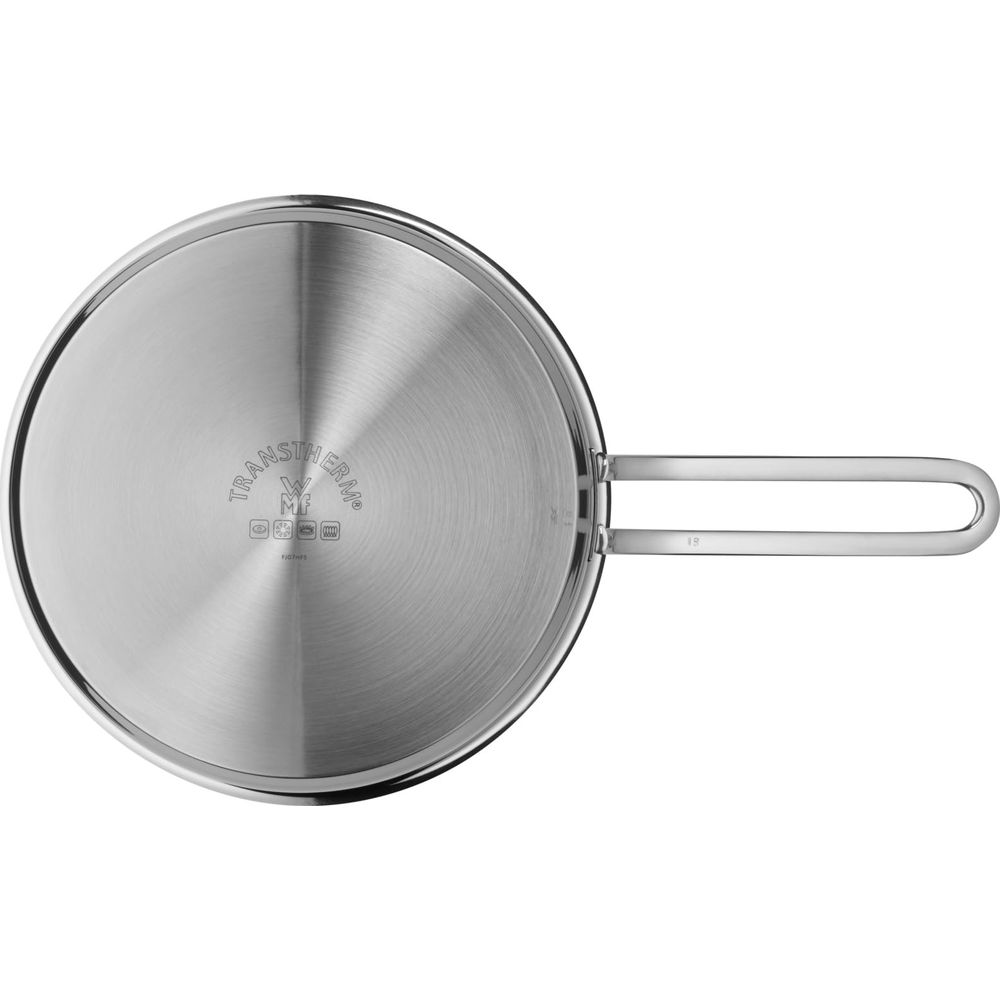 Edelstahltopf mit Griff und Trans-Therm-Logo, von oben gesehen.