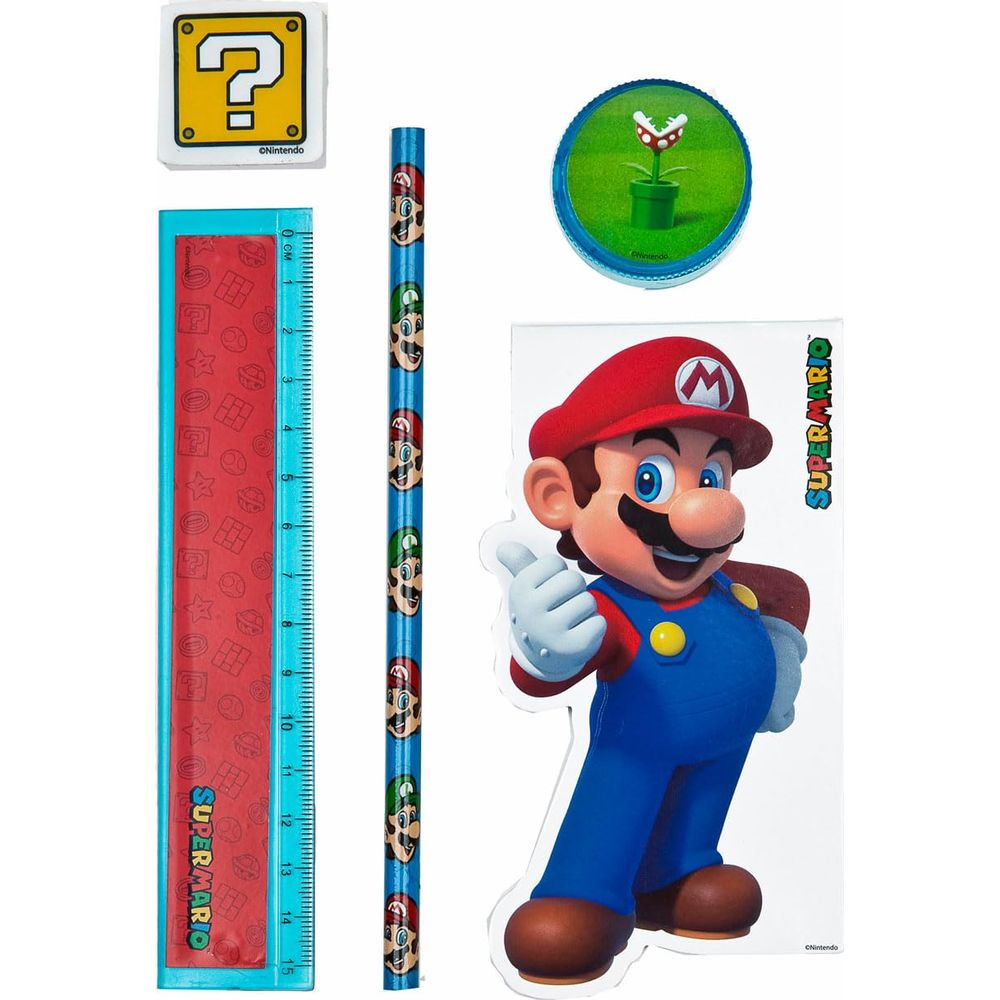 Super Mario merchandise: Mario, question block, ruler, Piranha Plant.