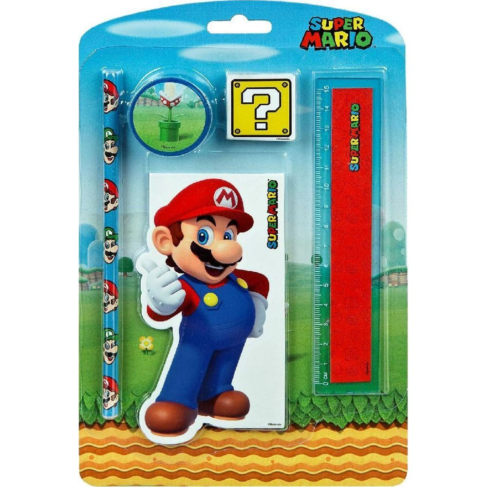Super Mario stationery set featuring Mario, ruler, pencil, and eraser.