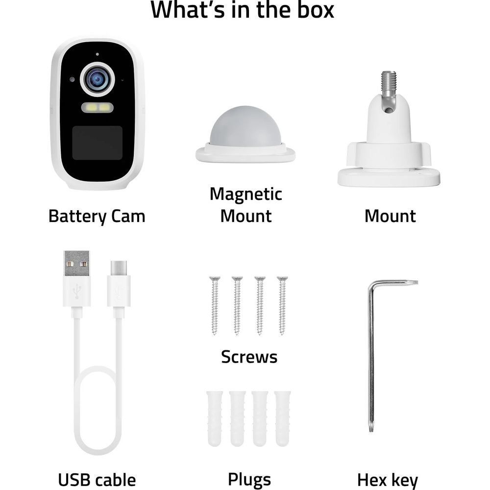 Contenu de la boîte : Caméra sur batterie, support magnétique, support, vis, chevilles, câble USB, clé Allen.