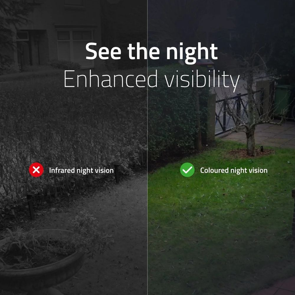 Comparaison vision nocturne: Gauche infrarouge (N&B), Droite couleur. Maison, jardin, clôture.