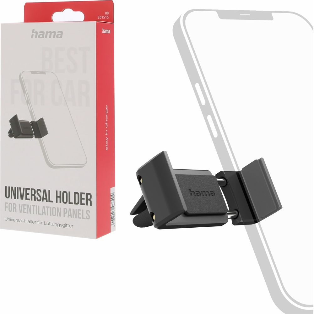 Hama Universalhalter für Lüftungsgitter mit Handy-Abbildung und Verpackung.
