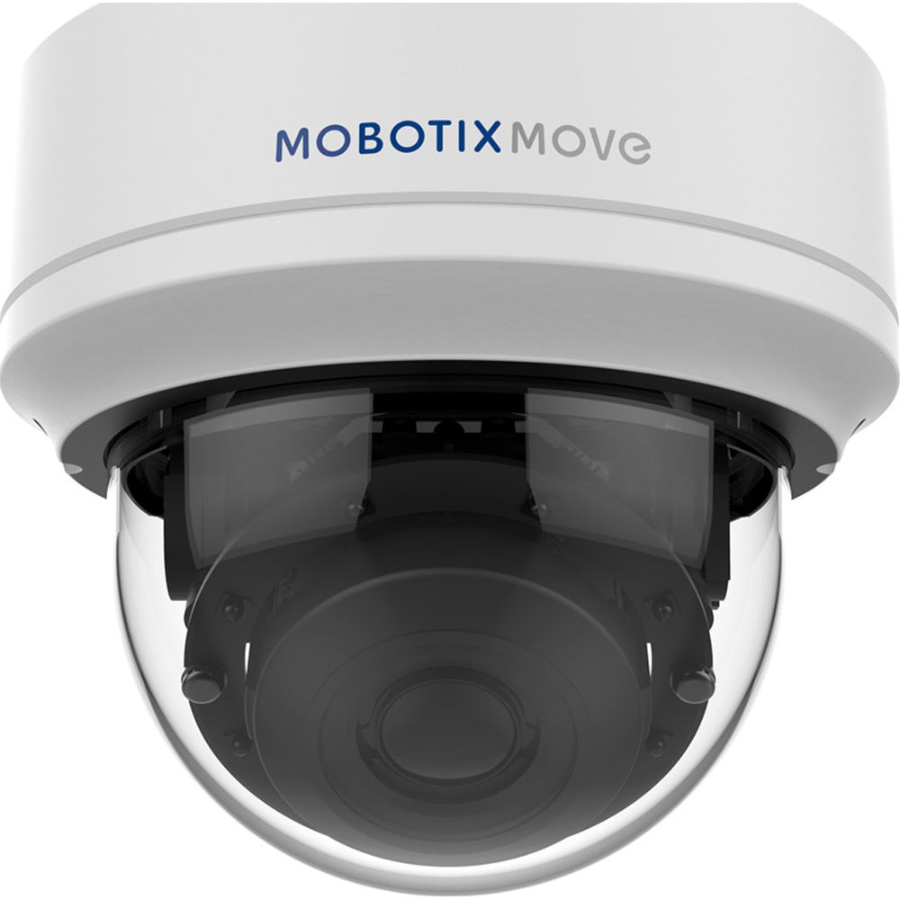 Biała kamera kopułkowa z logo MOBOTIX MOVE.