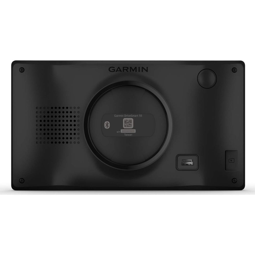 Tył czarnego urządzenia nawigacyjnego Garmin z kratką głośnika i etykietą.