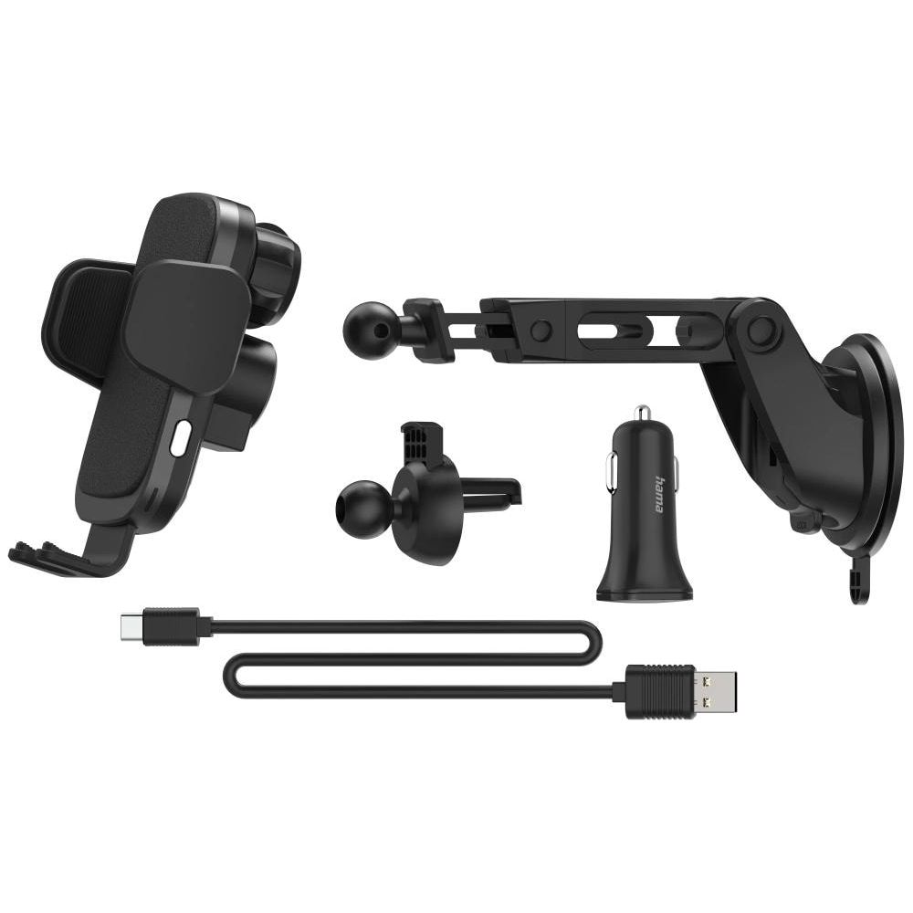 Schwarze Autohalterung, Ladekabel und USB-Ladegerät auf weißem Hintergrund.