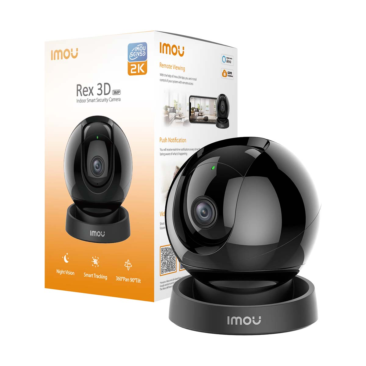 Czarna kamera bezpieczeństwa Imou 2K Rex 3D do użytku wewnętrznego z noktowizją, smart trackingiem.