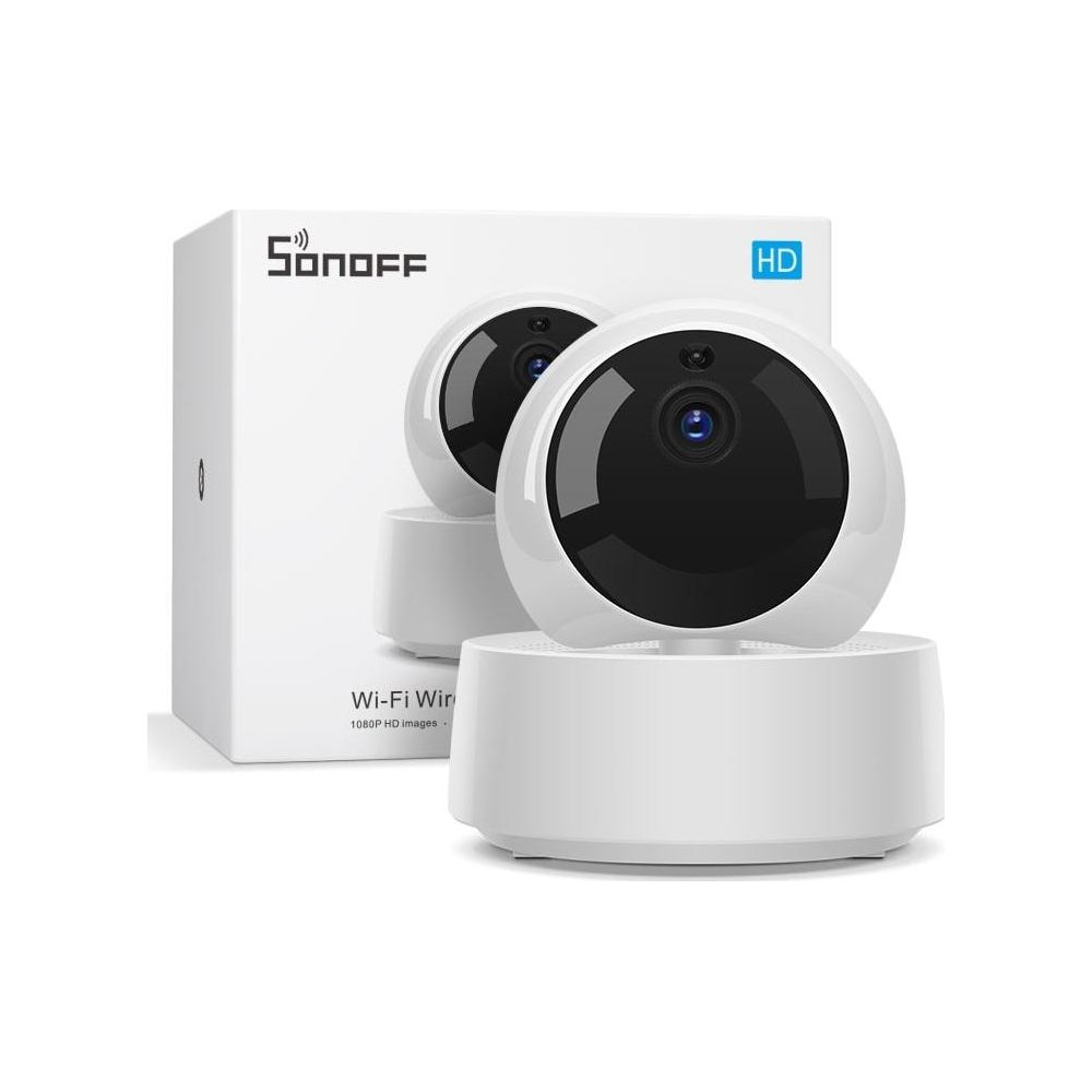 Telecamera Wi-Fi HD bianca Sonoff e la sua scatola su sfondo bianco.
